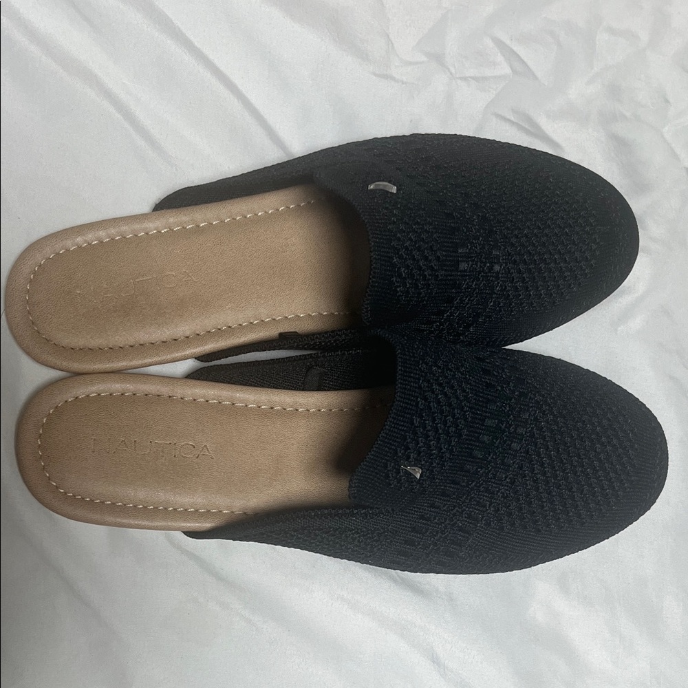 Nautica Black Knit Slip-On Mules with Tan Insole